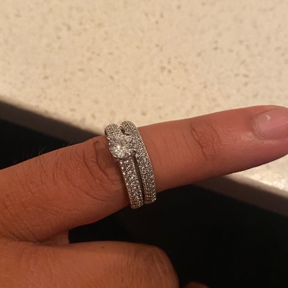 Round Cut Ring with Paved Band Set 925 Sterling Silver Engagement Ring - Picture 1 of 9